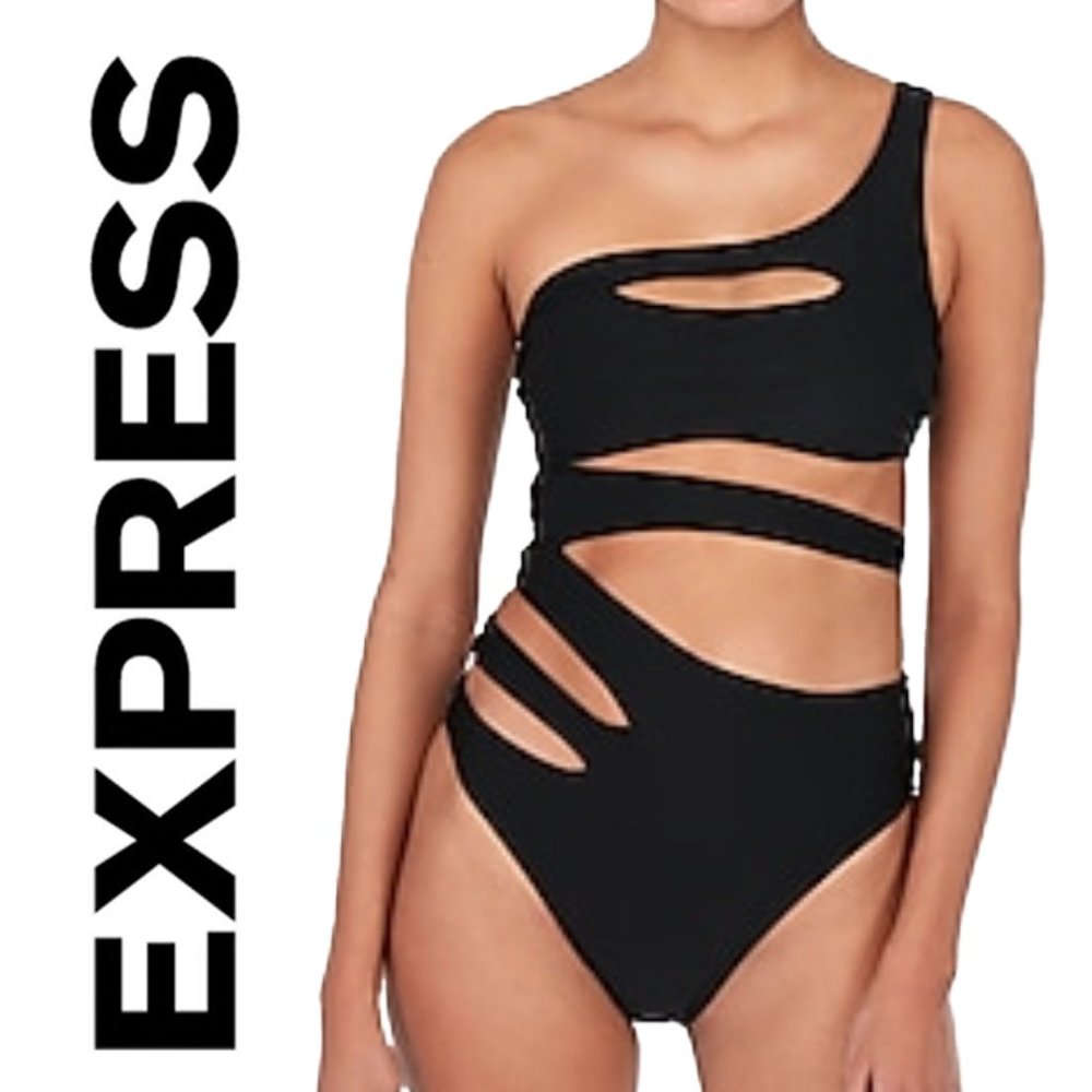 😍 NWT EXPRESS 1 PC SWIMSUIT 1 SHOULDER SLASHED CUT OUT DESIGN BLACK| SIZE M 😘